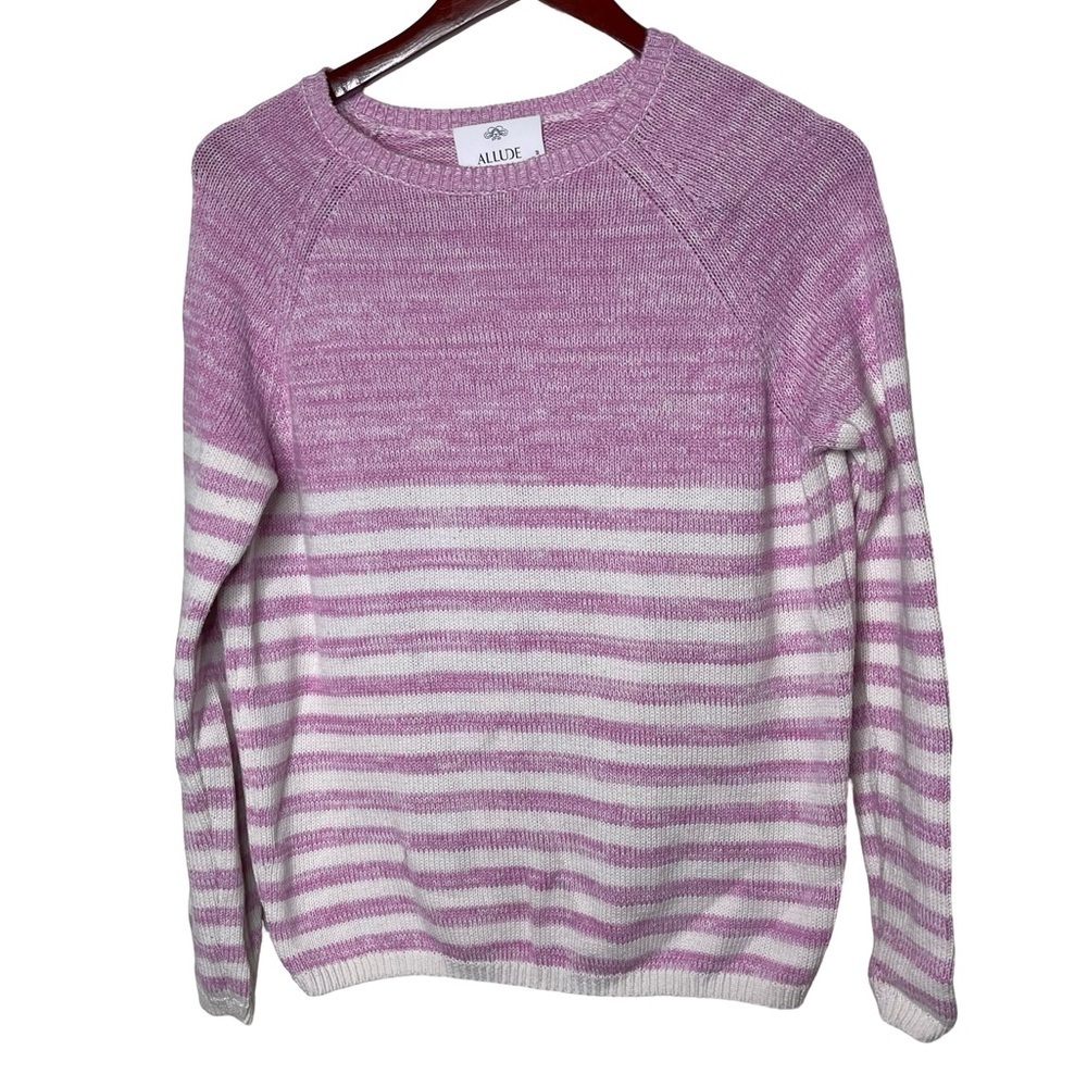 Allude 100% cotton pink white striped crewneck knit top sweater sz M